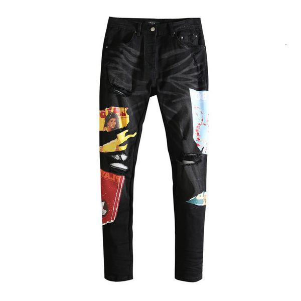 

2021 new am hole patch beggar black slim fit small foot elastic jeans men, Blue