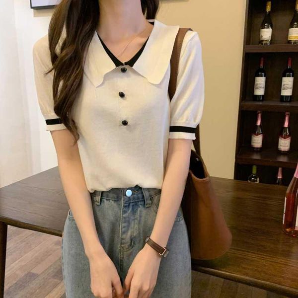 

women's t-shirt summer short-sleeved t shirt woman doll collar pullover slim fashion knitted bottoming korean style cute white