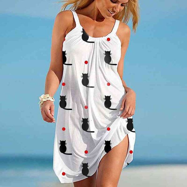

4 womens dresses sleeveless cute cartoon print hem loose beach dress black cat print dress summer, Black;gray