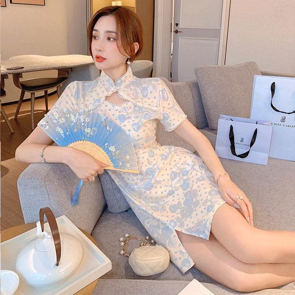 

ethnic clothing blue beading vestidos improved young qipao women mini mandarin collar cheongsams classic oriental hollow out chinese dr, Red