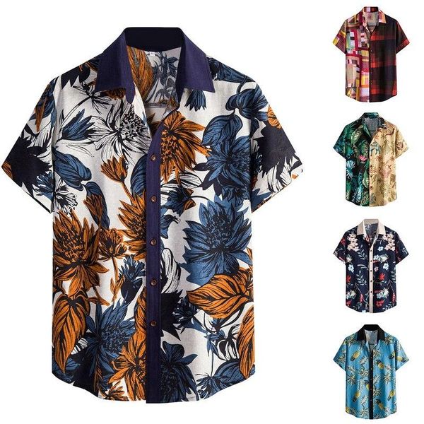 

summer man shirt mens ethnic printed stand collar cotton linen stripe short sleeve loose hawaiian henley men's casual shirts, White;black