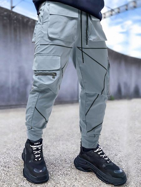 

men reflective binding drawstring waist cargo pants 36jo#, Black