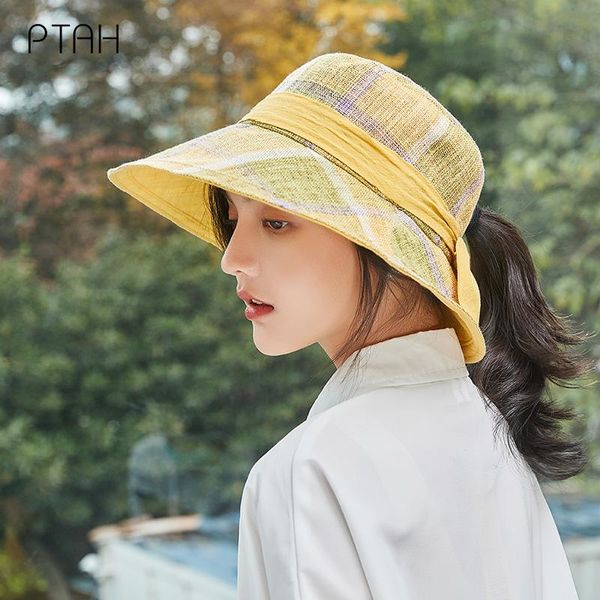 

wide brim hats [ptah] summer women's bucket anti-uv breathable bow plaid cap cloth comfort foldable windproof rope, Blue;gray