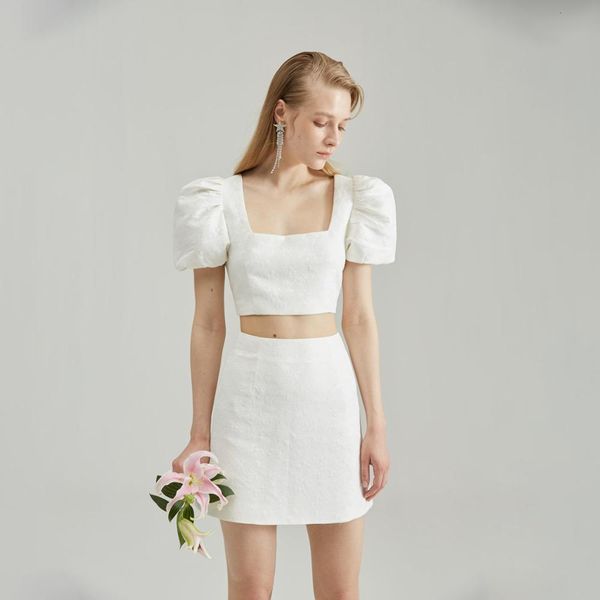 

two piece dress celebrity bandage white pieces suit square collar puff sleeves woman skinny set vintage vestios fancy female outfi