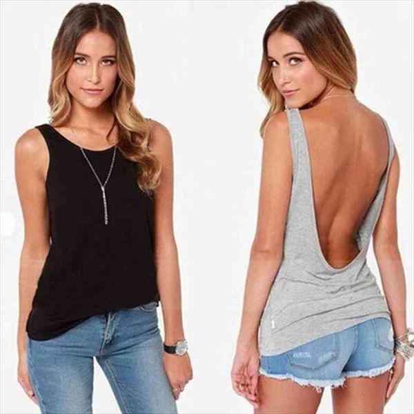 

gaoke summer modis party backless women tank casual o-neck back deep v backless sleeveless solid tank, White