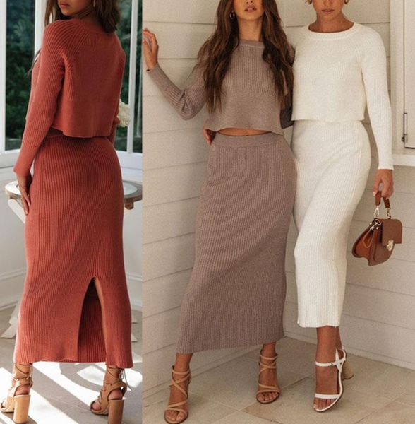 

two piece set skirts winter womens tracksuits suit long sleeve crop pencil skirt 2 slim lady sweater knitted, Gray