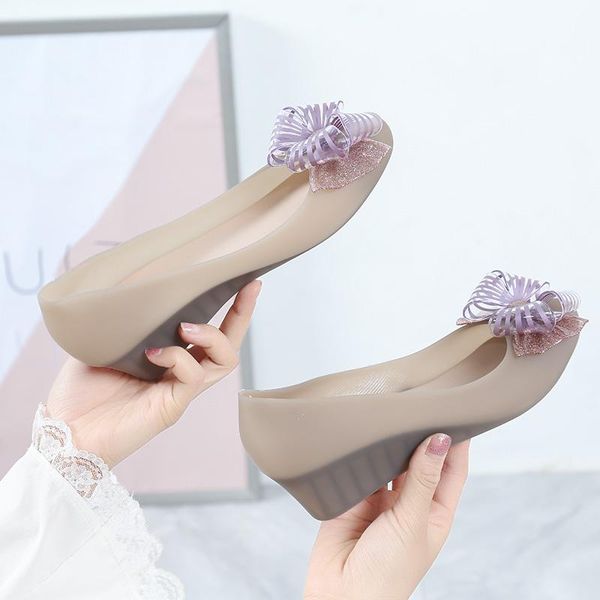 

dress shoes bowknot wedge with solid color comfortable soft sole women's jelly sandals summer casual fashion plastic waterproof rain bo, Black