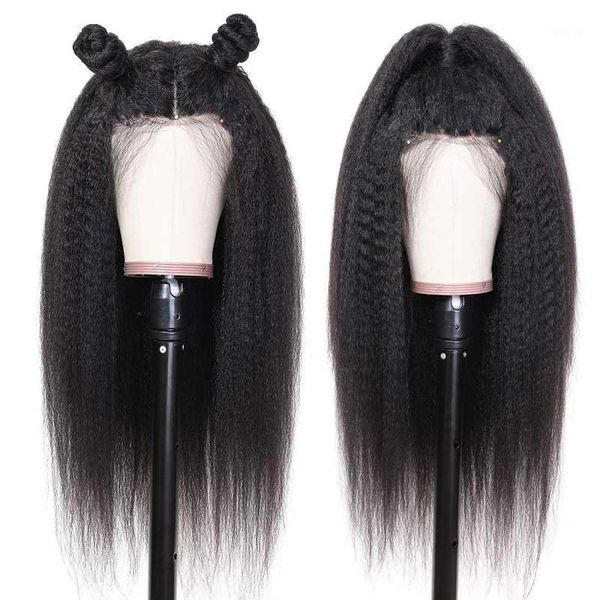 

kinky straight human hair wigs 4*1 lace part wig pre plucked brazilian remy 150 density for women glueless1, Black;brown