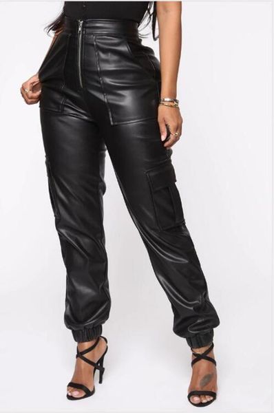 

women's pants & capris european cool black pu leather high waist zipper slim pencil street fashion sexy, Black;white