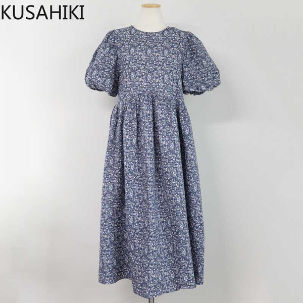 

kusahiki chic floral dresses women puff sleeve o-neck dress summer korean back bow tie hollow-out vestidos feminimos 6j622 210602, Black;gray