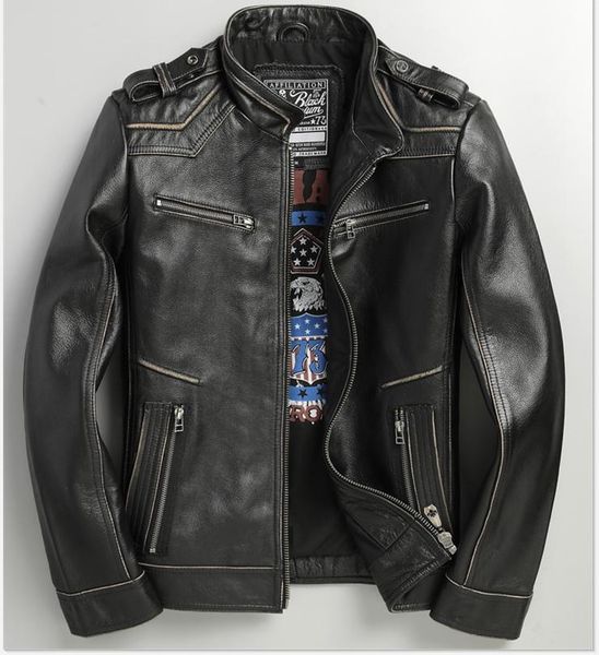 

men's leather & faux autumn and winter genuine coat layer cowhide made old large motorcycle real jacket, Black