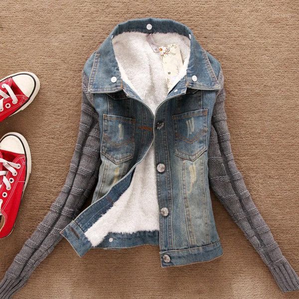 

women's jackets winter fur denim wool sleeves jacket for women thick lamb female parka jean coat1, Black;brown