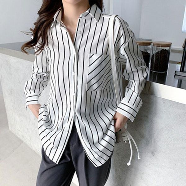 

women's blouses & shirts 2021 autumn korea fashion women long sleeve loose all-matched casual single pocket striped femme s80, White