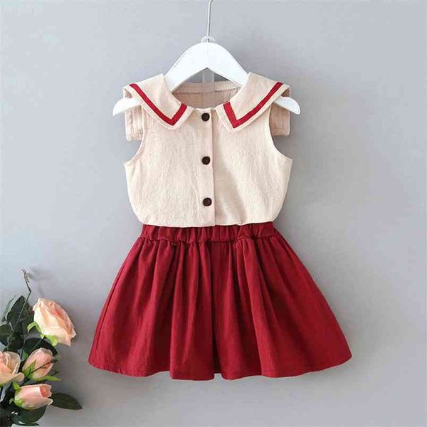 

baby girl clothes summer lapel single-breasted sleeveless korean style skirt 2pcs kids clothing set for s 210528, White