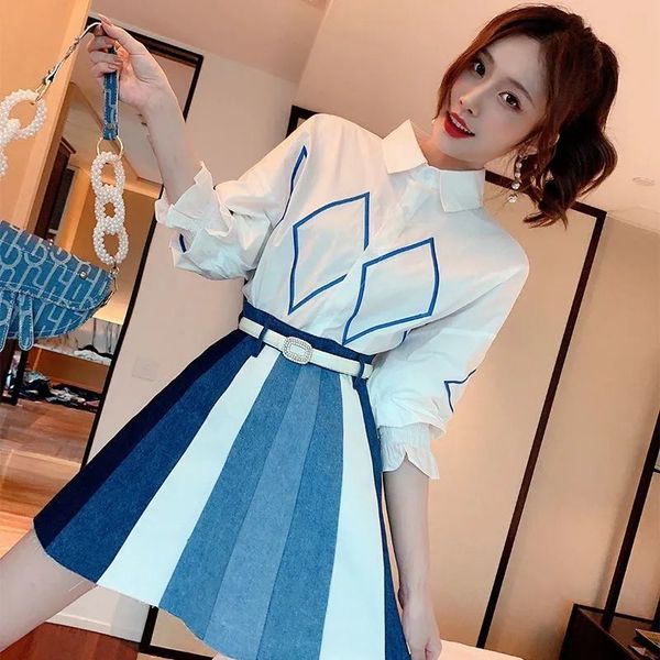 

summer two piece retro women casual white turn down collar shirt + high waist denim mini skirt suit female 210518