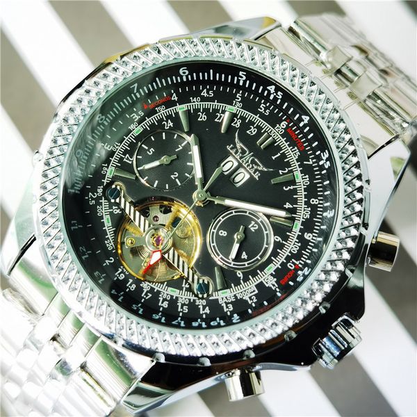 

jaragar military sports automatic self-wind mechanical watches for gentlemen sier black steel calendar analogue clock relogios, Slivery;brown