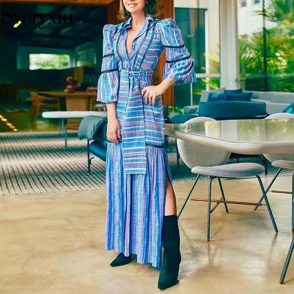 

casual dresses svoryxiu runway designer autumn lantern sleeve robe maxi dress women's single-breasted blue stripe print long, Black;gray