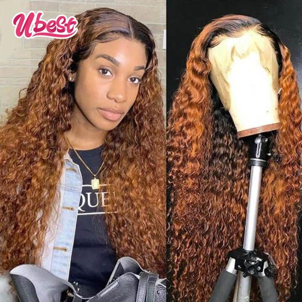 

lace wigs u 1b ginger orange colored frontal water wave front wig brazilian curly human hair for women transparent, Black;brown