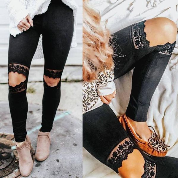 

slim fit lace knee womens pants hole casual fashion style fleece pantalon femme trousers, Black;white