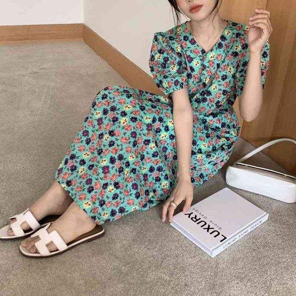 

casual dresses summer korean version of the clear v-neck flower loose puff sleeve dress three-color dresses women ngj6, Black;gray
