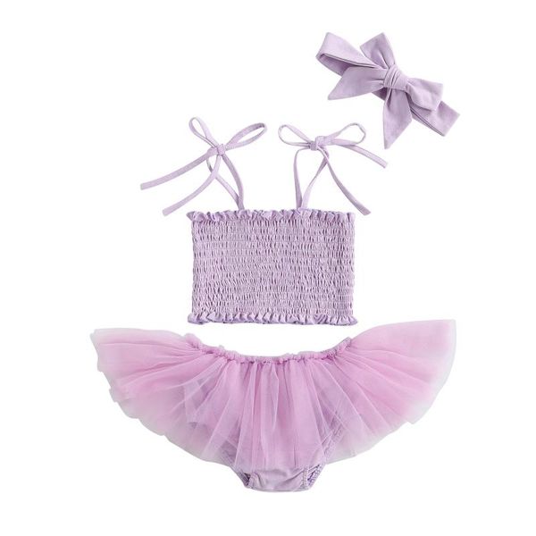 

born infant baby girls clothes sets 3pcs solid color pleated sleeveless camisole mesh skirt shorts headband summer outfits clothing, White