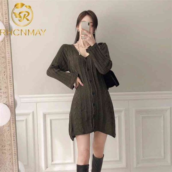 

spring autumn v-neck jersey dress knitted sweaters women elegant slim fashion long pagoda sleeve mini skirt 210506, Black;gray