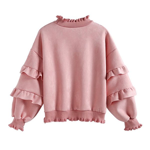 

women pink khaki stand collar ruffle chamois suede puff sleeve sweatshirts pullovers autumn winter h0080 210514, Black