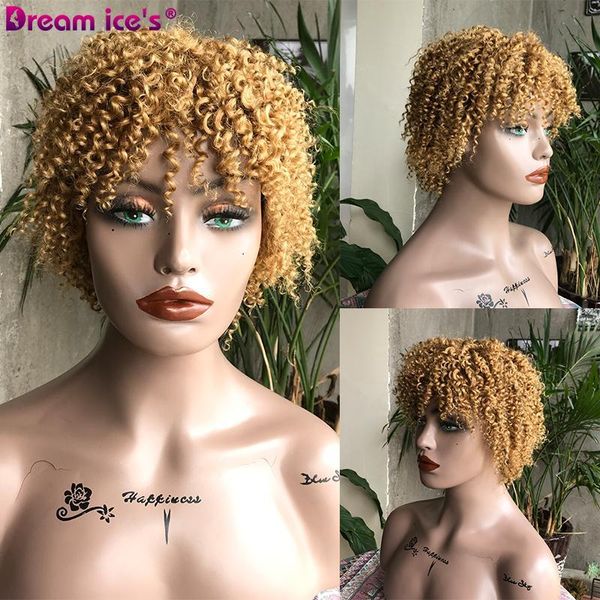 

12inch kinky curly in hairheat-resistant brown blonde real lace front wigs human hair wigs for black women
