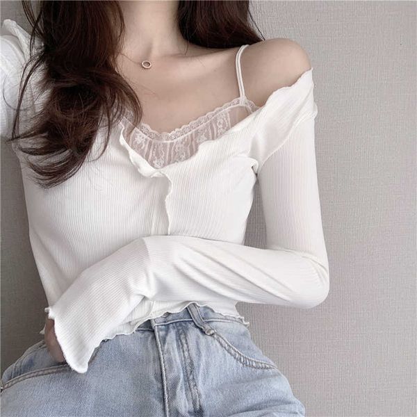 

women's t-shirt white lace fake two piece suspender long sleeve t-shirt autumn machine off shoulder bottoming shirt short 7dlv