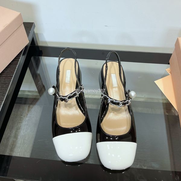 

dress shoes 21 summer round head fashion thick heel chain pearl comfortable increase black and white stitching mary jane women's sandal
