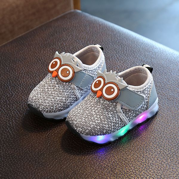 

boys girls casual shoes with flash led toddler baby childrens breathable running sport shoes cartoon owl glowing sneakers