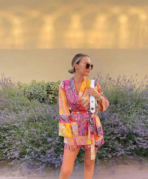 

women's tracksuits vintage chic floral print patchwork kimono suit shorts women 2021 fashion bow tie belt top, Gray