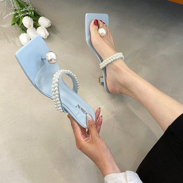 

slippers string bead female shoes thin heels ladies' rubber flip flops heeled mules square toe 2021 hawaiian summer high basic s, Black