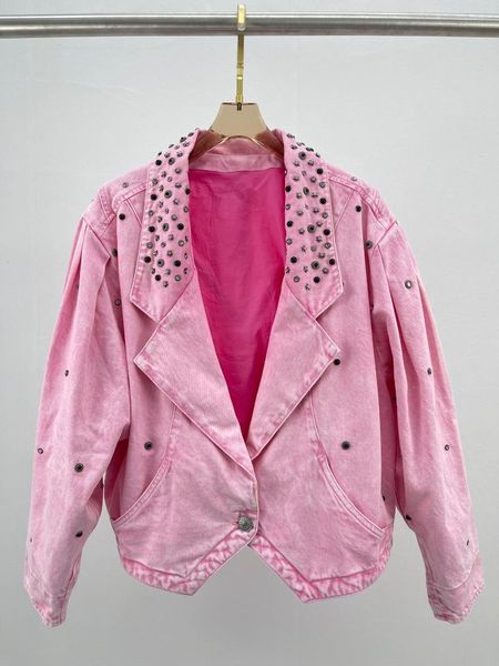 

women's jackets pink black fashion woman washed denim jacket lapel collar with rivets studs beaded drop shoulder long sleeves oversized, Black;brown