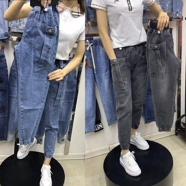 

women's jeans woman pants denim elastic high waist loose cargo ankle-tied ankle-length knickerbockers pantalones vaqueros mujer, Blue