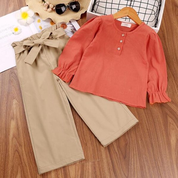 Completi di vestiti per neonate per bambini, maniche lunghe, girocollo, camicia a maniche lunghe con bottoni + pantaloni cachi