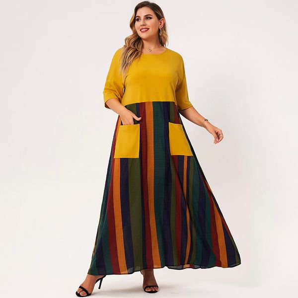 

plus size dresses woman summer 2021 yellow boho o-neck half sleeve a-line pockets patchwork contrast striped casual maxi dress, Black