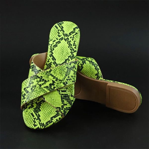 

slippers women summer flat casual snake print pattern cross shoes woman slides female fashion open toe ladies footwear 2021, Black