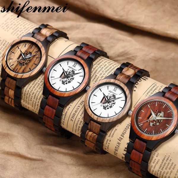

wristwatches shifenmei wood watch mens watches wooden male quartz wristwatch full bamboo men clock relogio masculino, Slivery;brown