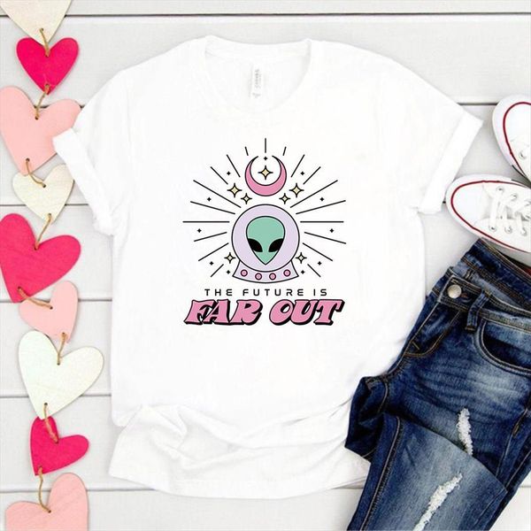 

100% cotton funny the future women is far out alien flying saucer print loose summer tee femme t shirt, White