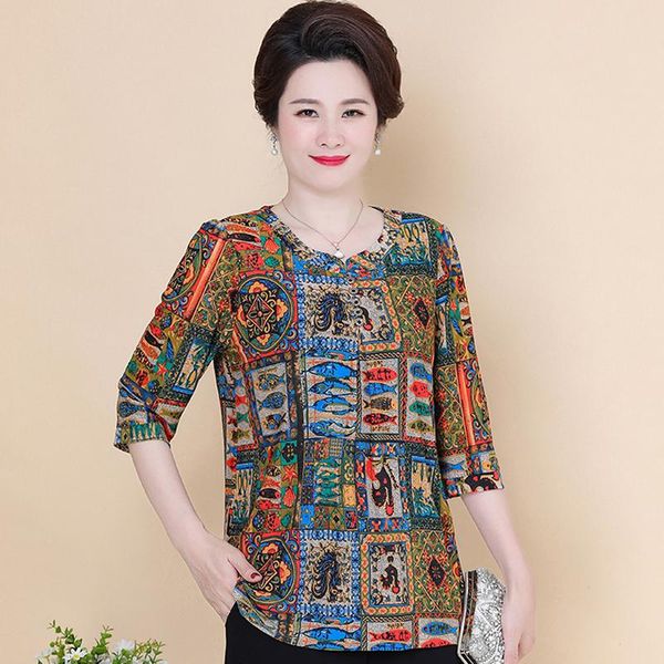 

women's blouses & shirts 2021 loose women tees summer casual print womens vintage o-neck three quarter sleeve woman tshirts, White