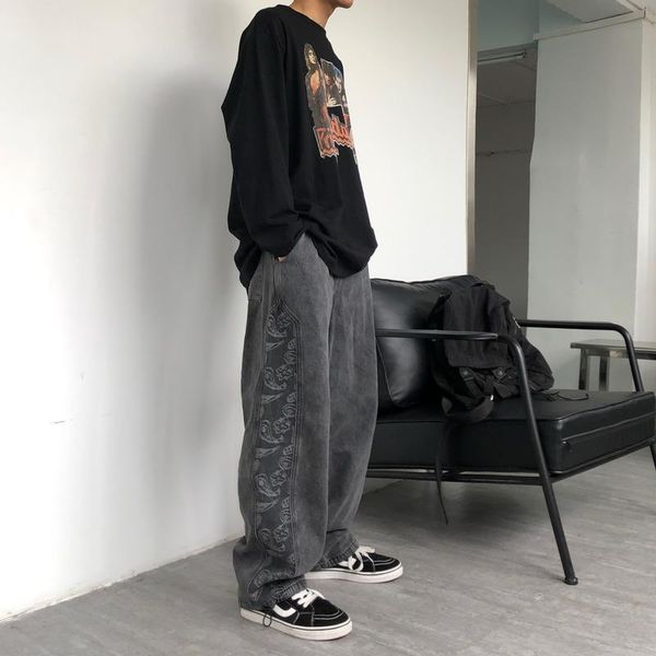 

men's jeans icclek retro stitching washed elastic waist loose straight leg pants men stacked fashion, Blue