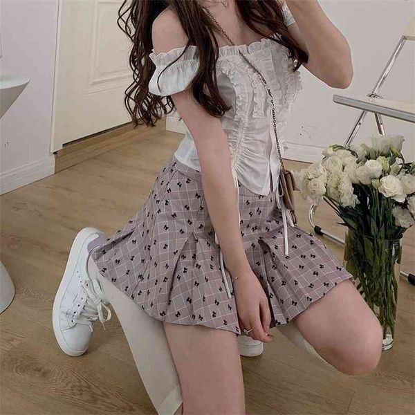

women high waist flocked bowknot pleated mini skirt in check 210529, Black