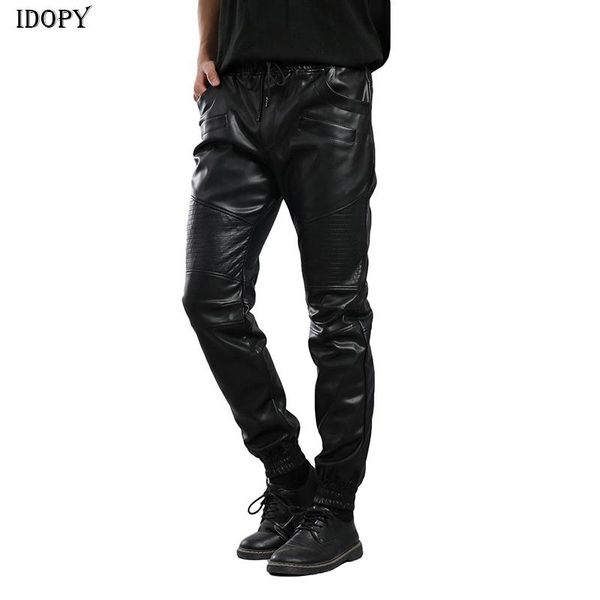

men's pants idopy men`s autumn faux leather joggers harem motorcycle ankle zipper elastic waist drawstring pu trousers for male, Black