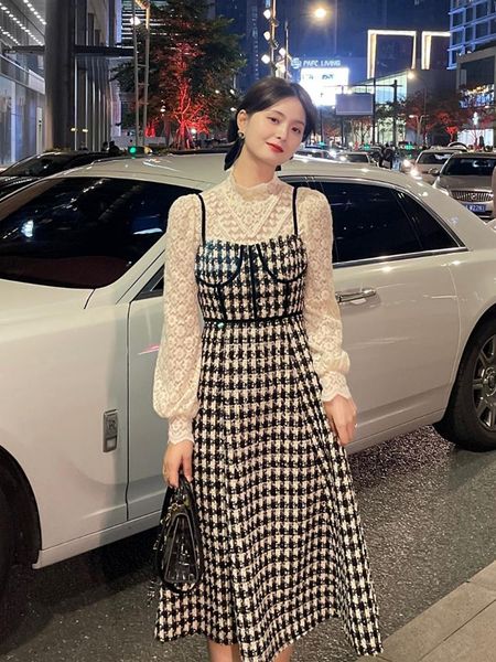 

casual dresses french celebrity xiaoxiangfeng dress slim fit 2021 autumn and winter female thousand bird plaid tweed waist strap, Black;gray