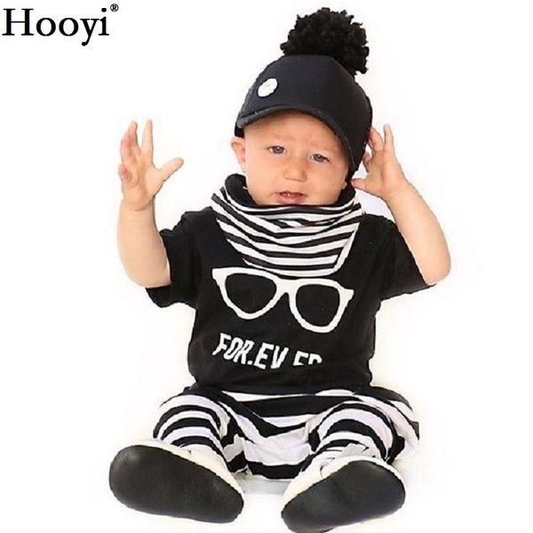 Baby Boy Roupas Conjunto de vidro para sempre crianças Preto T-shirt Branco Stripe Pant Terno Crianças Equipamento 100% Algodão Verão Tops 210413