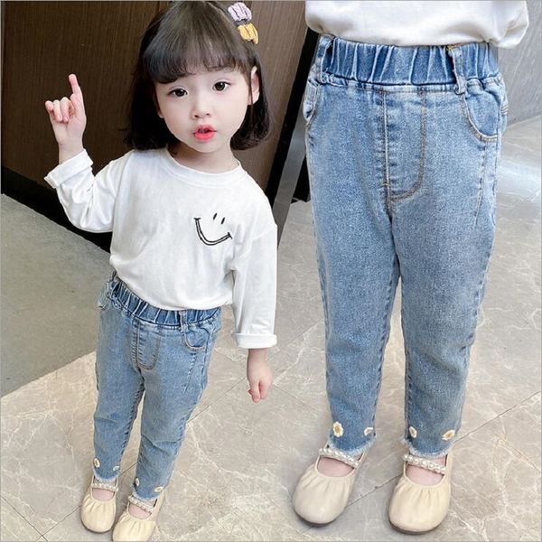

2-8years baby girls jeans spring autumn trousers for children casual style flower denim pants for girl clothes, Blue