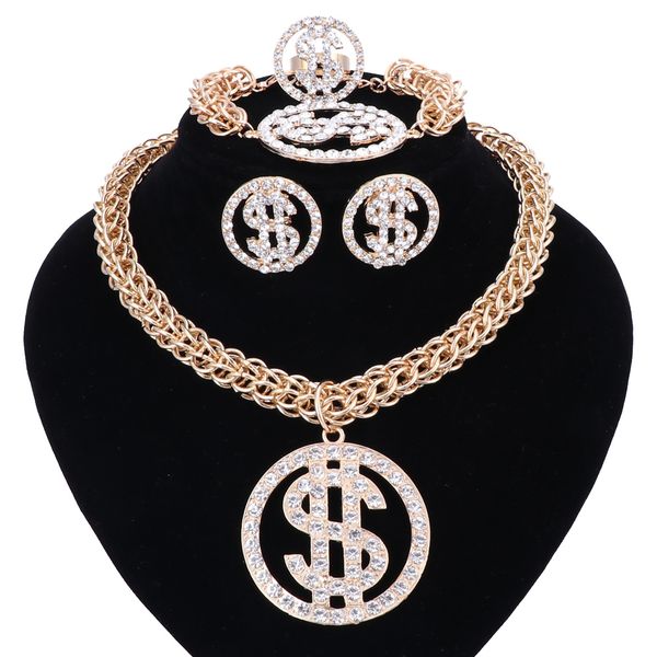 

us dollar money necklace&pendant gold silver color chain for women/men rhinestone hip hop bling bracelet earring ring jewelry sets, Black