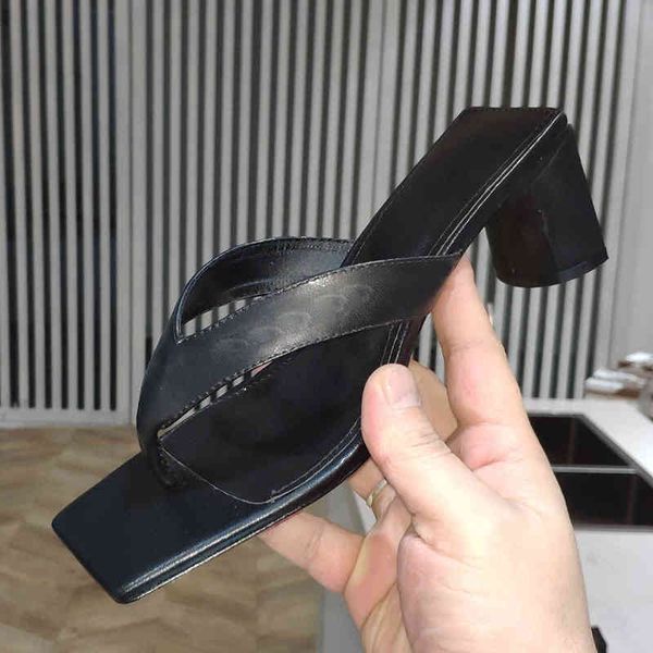 

80% off store online 2021 summer women's slippers luxury branded real leather high heel flip flops paris fashion style square clip toe, Black
