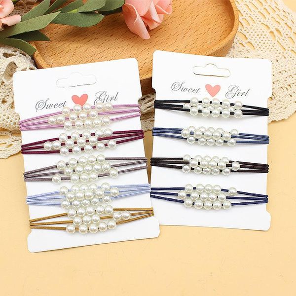 

simple 5-piece set hair ties elastic band pearl rope bezel hoop three-wire rubber tie accessories for girls, Slivery;white